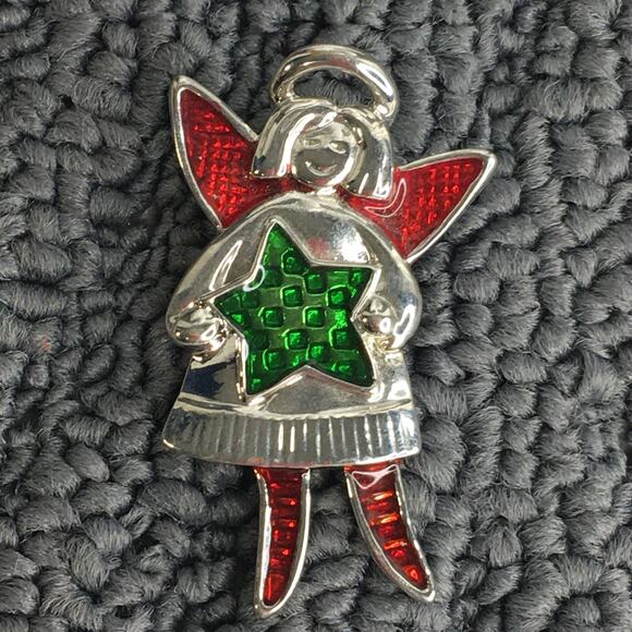 Christmas Angel Pin‎ Brooch Silver Tone with Red & Green Enamel Accents - Picture 1 of 9